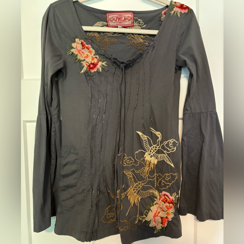 Johnny Was JWLA Gray Embroidered Long Sleeve Blouse Womens size‎ S